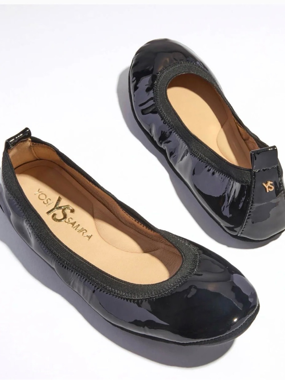 Yosi Samra Black Patent Foldable Ballet Flats with Gold Logo
